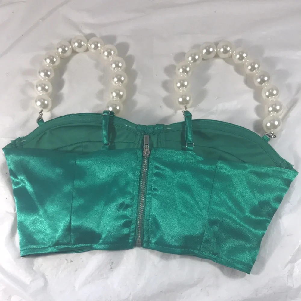 Woman’s Emerald Green Satin Zipper Bustier with Removable Pearl Straps